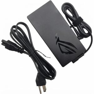 Overview shot featuring the top side of the slim-form power adapter embossed with the signature ROG logo, alongside the detachable 3-prong AC power cable and DC output cord.