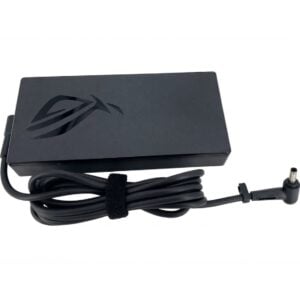 Clean top-side view showing the slim adapter body embossed with the signature ROG logo, alongside the coiled DC output cable with an attached velcro cable tie.