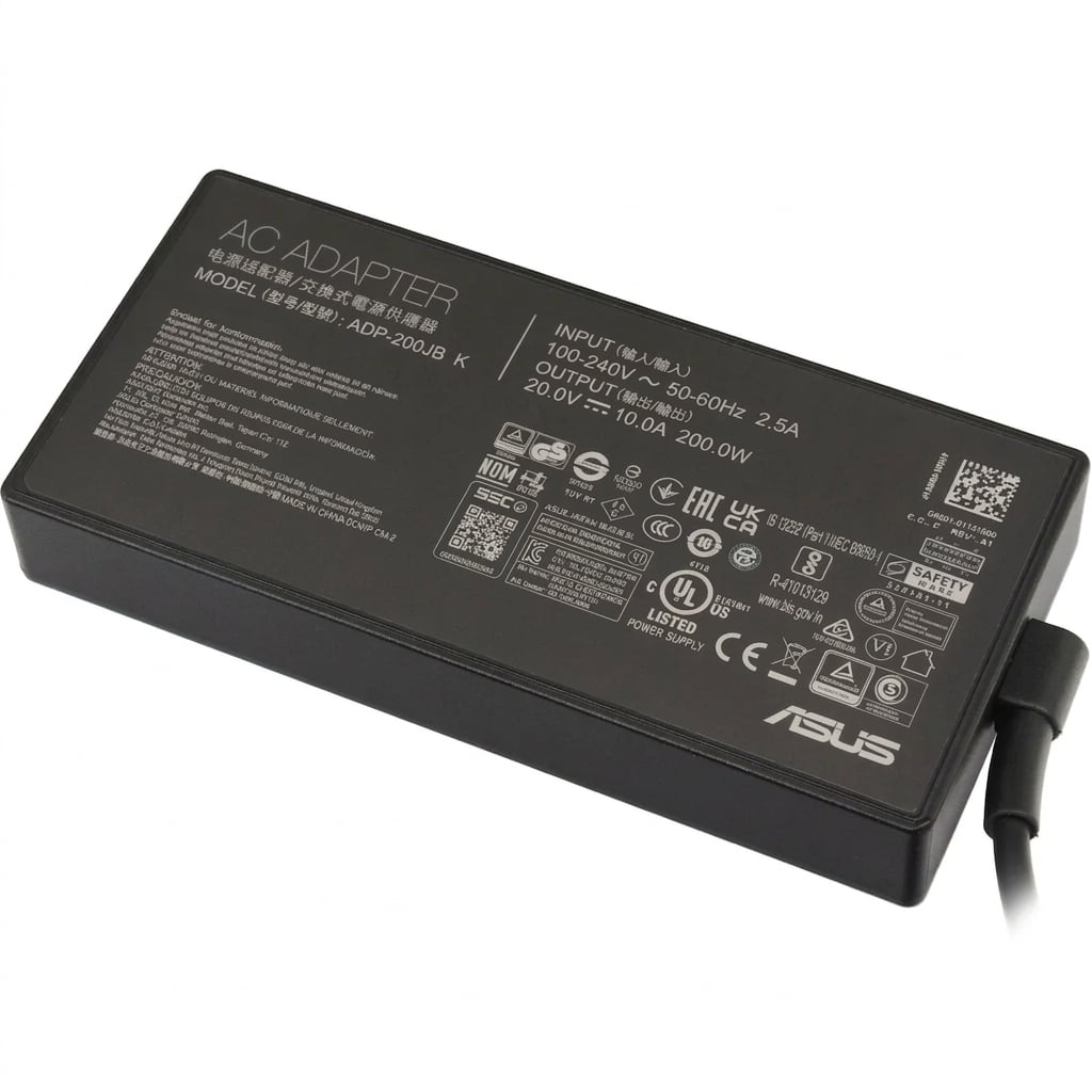 Bottom label specification view of the ASUS ADP-200JB K power adapter, displaying power ratings of 20.0V at 10.0A (200.0W total output) and safety certification logos.