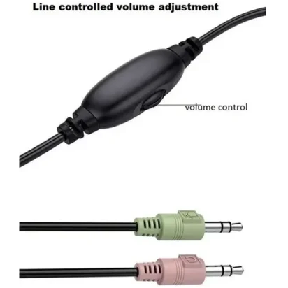 Detailed view showing the inline cable volume control wheel and dual 3.5mm connectors (green audio output and pink microphone input).