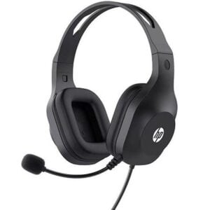 Three-quarter perspective showing the full headset layout, including the cushioned earcups, adjustable headband frame, HP logo accent, and flexible boom microphone with foam pop filter.