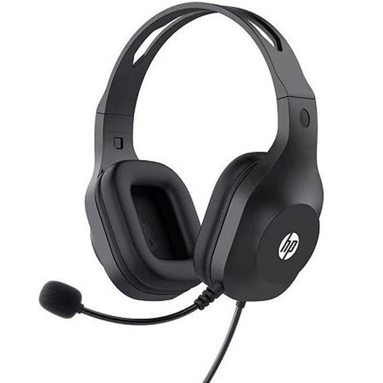 Three-quarter perspective showing the full headset layout, including the cushioned earcups, adjustable headband frame, HP logo accent, and flexible boom microphone with foam pop filter.