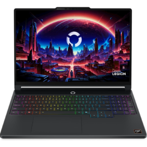 Front-facing view of the open Lenovo Legion 5 gaming laptop showing the illuminated RGB keyboard deck, central power button, and vibrant sci-fi city display wallpaper.