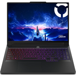 Direct front-facing view of the Lenovo Legion gaming laptop open, featuring the $16\text{-inch}$ display, top webcam notch, RGB backlit keyboard, and wide touchpad.