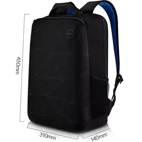 Three-quarter side view outlining physical dimensions—430 mm height, 310 mm width, and 140 mm depth—with blue interior strap lining and mesh side pocket visible.