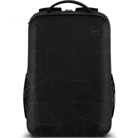 Direct front shot highlighting the geometric line print design, top handle, side mesh water bottle pockets, and top-right circular Dell logo.