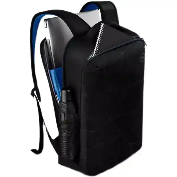 Open main compartment demonstration showing laptop placement alongside side mesh pocket storing an umbrella.