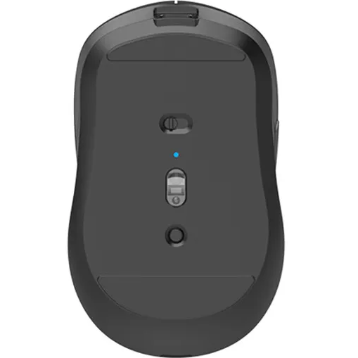 Underside view of the Lenovo Howard mouse, displaying the glide pads, power/mode toggle switch, blue LED status indicator, optical tracking sensor, and Bluetooth pairing button.