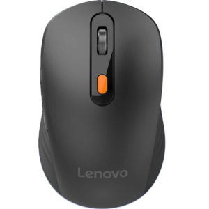 Top-down view of the Lenovo Howard mouse in Storm Gray, highlighting the scroll wheel, bright orange DPI/mode button, left and right click buttons, and palm rest branding.