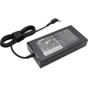 Angled overview shot of the 135W AC power adapter showing the barcode specification label, neatly coiled output cable secured with a velcro strap, and a right-angle barrel connector with a purple tip.