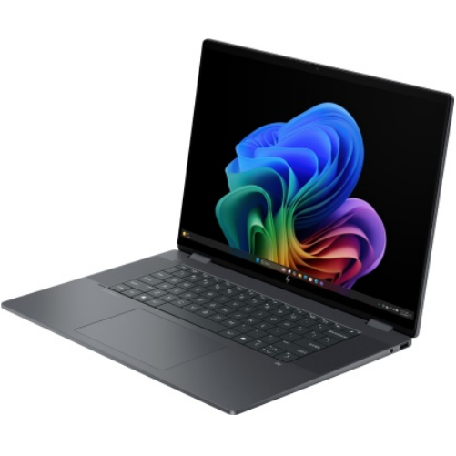 Front-left 3/4 view of the HP OmniBook Ultra Flip 16 open in standard laptop mode, displaying the 16-inch screen, full keyboard deck flanked by speaker grilles, and a large centered glass touchpad.