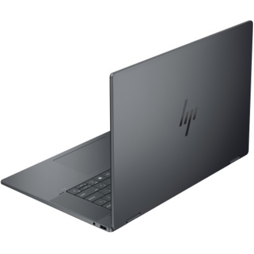 Rear 3/4 angle view of the HP OmniBook Ultra Flip 16 laptop partially open, showing the matte dark grey aluminum lid with a centered reflective HP logo and side port cutouts.