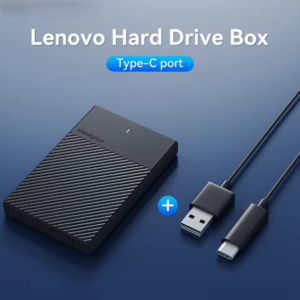 Complete product layout of the Lenovo Hard Drive Box with its textured black finish, status indicator light, and an included USB Type-A to Type-C connection cable.