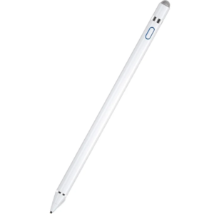 Angled close-up of the white rechargeable Doogee active stylus pen, displaying its fine metal writing tip, silver accent rings, power button, and capacitive mesh disc/nib on the back end.