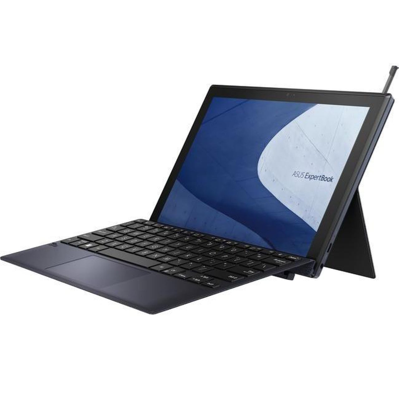 Side 3/4 view of the ASUS ExpertBook B3 assembled in laptop mode using its integrated rear kickstand, with the detachable keyboard attached and the garaged stylus pen extended from the top corner slot.