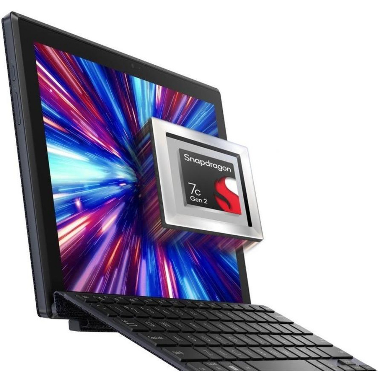 Front 3/4 perspective shot of the ASUS ExpertBook B3 2-in-1 tablet attached to its keyboard, featuring a 3D overlay graphic of the Qualcomm Snapdragon 7c Gen 2 processor chip emerging from the screen.