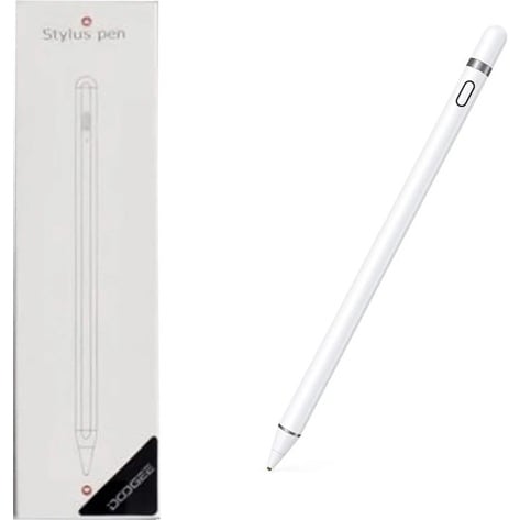 Product pairing view featuring the white Doogee stylus pen alongside its retail packaging box bearing the "Stylus pen" label and Doogee branding.