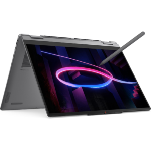 Tent mode orientation of the Lenovo Yoga 7 2-in-1 laptop with the Lenovo Yoga Digital Pen actively touching the OLED touchscreen display.