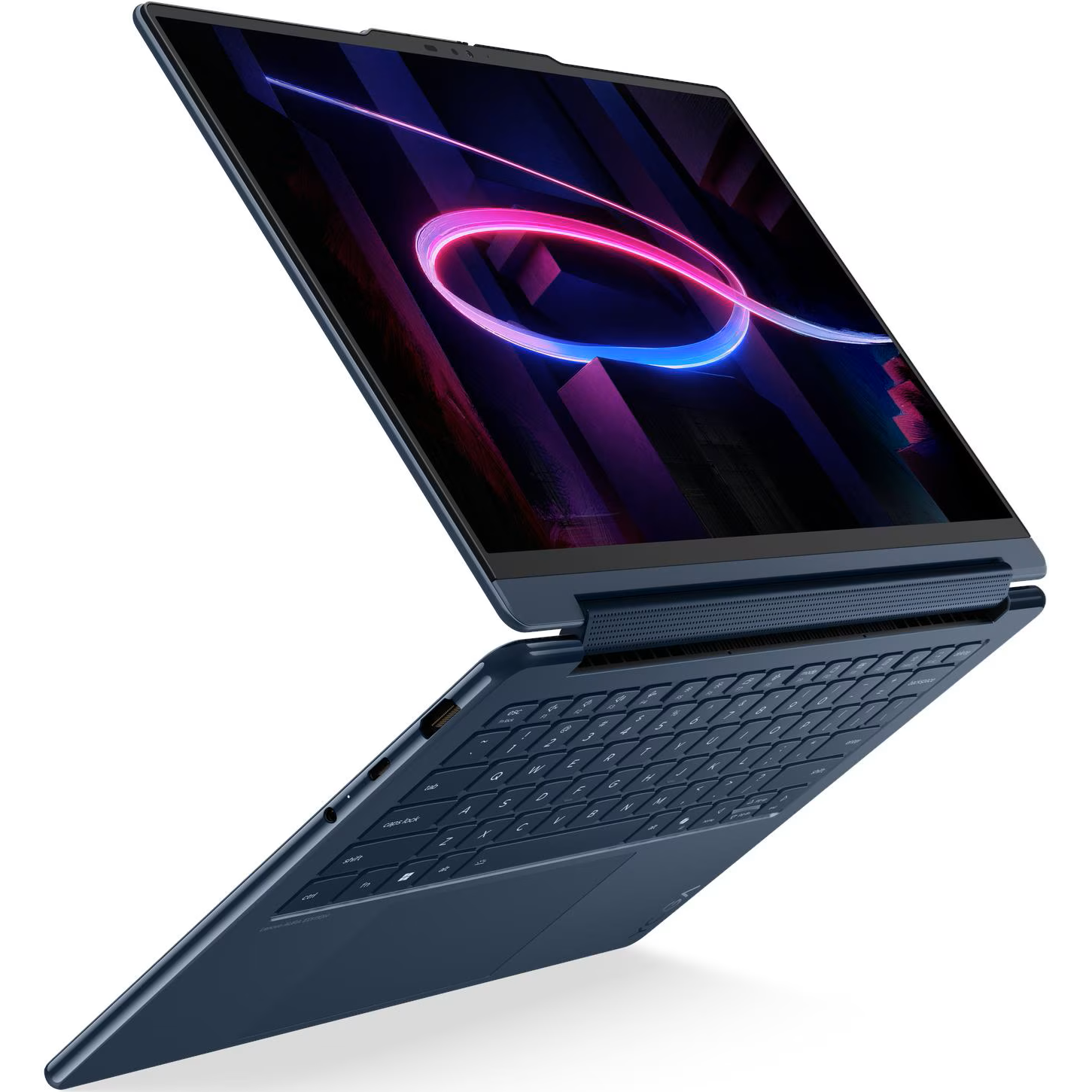 Side profile view of the laptop partially open, emphasizing the slim chassis profile, precise hinge design, and sleek corner contours.