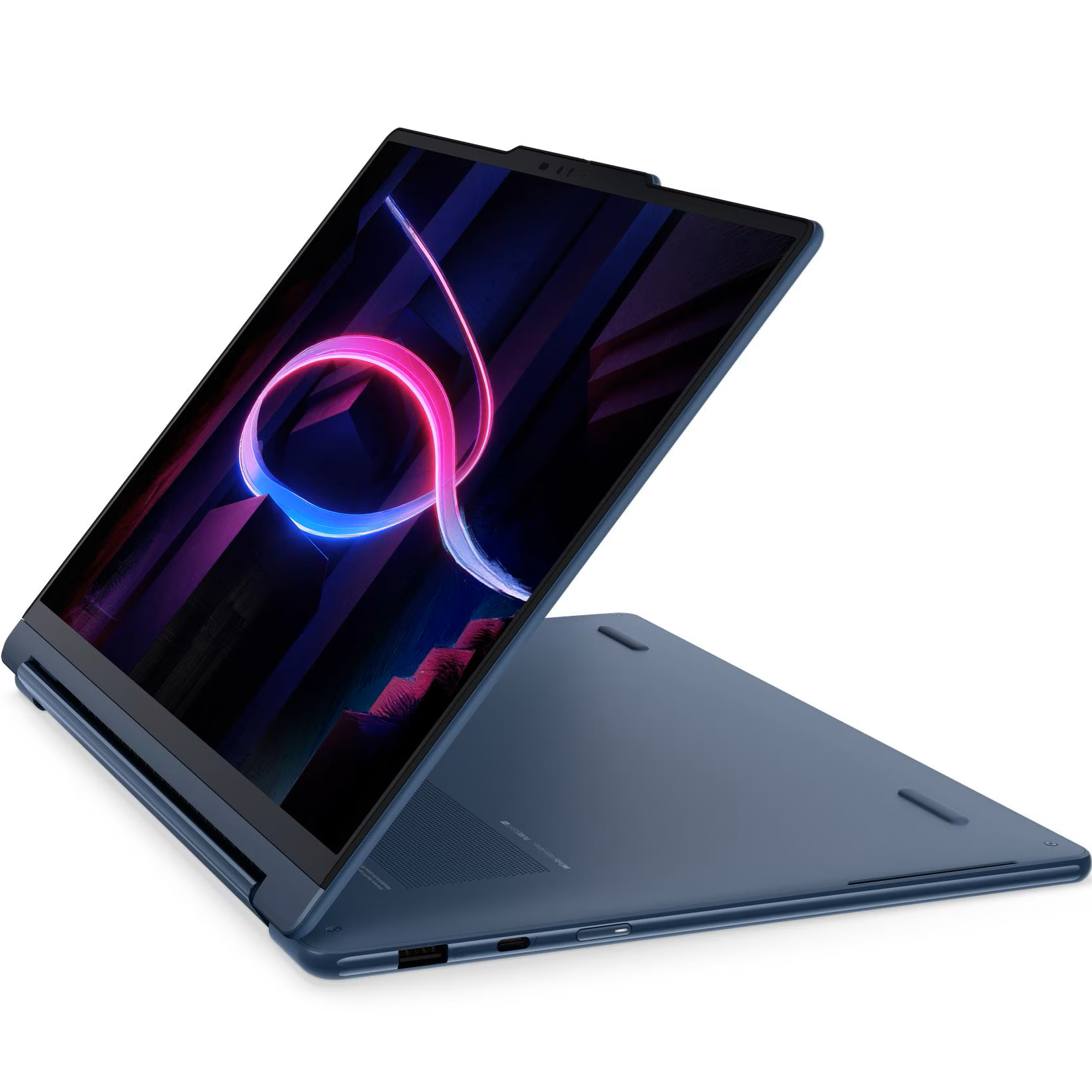 Underside view of the convertible laptop in a folded stance, highlighting the rubber support feet, speaker grille placement, and clean aesthetic lines.
