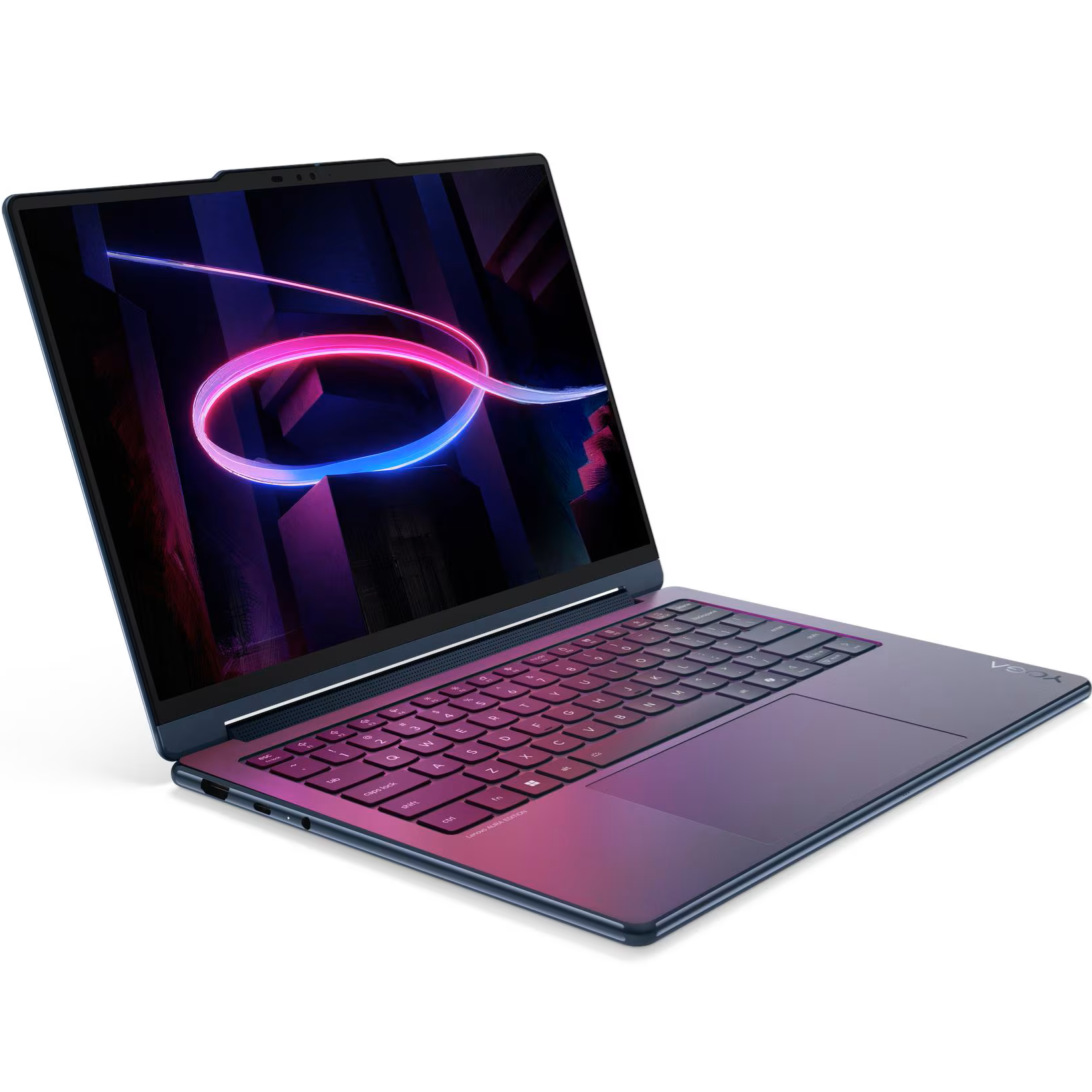 Angled front-facing view of the Lenovo Yoga Pro 9 Aura Edition laptop in dark blue, highlighting the illuminated keyboard, expansive glass trackpad, and vibrant OLED display showing a colorful abstract wallpaper.