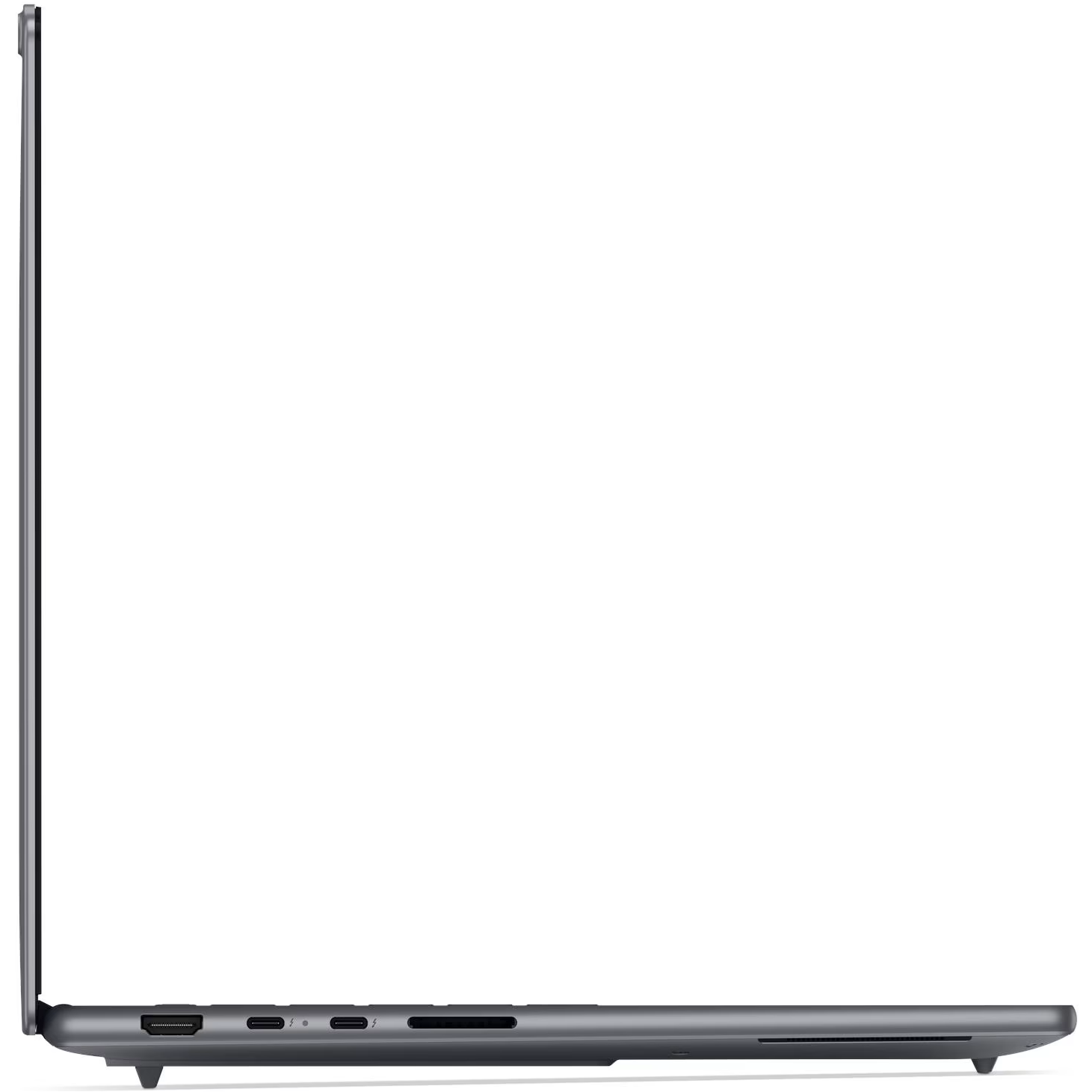 Left-side profile view of the laptop, displaying the slim chassis contour, an HDMI output port, two Thunderbolt/USB Type-C ports, and an SD card reader slot.