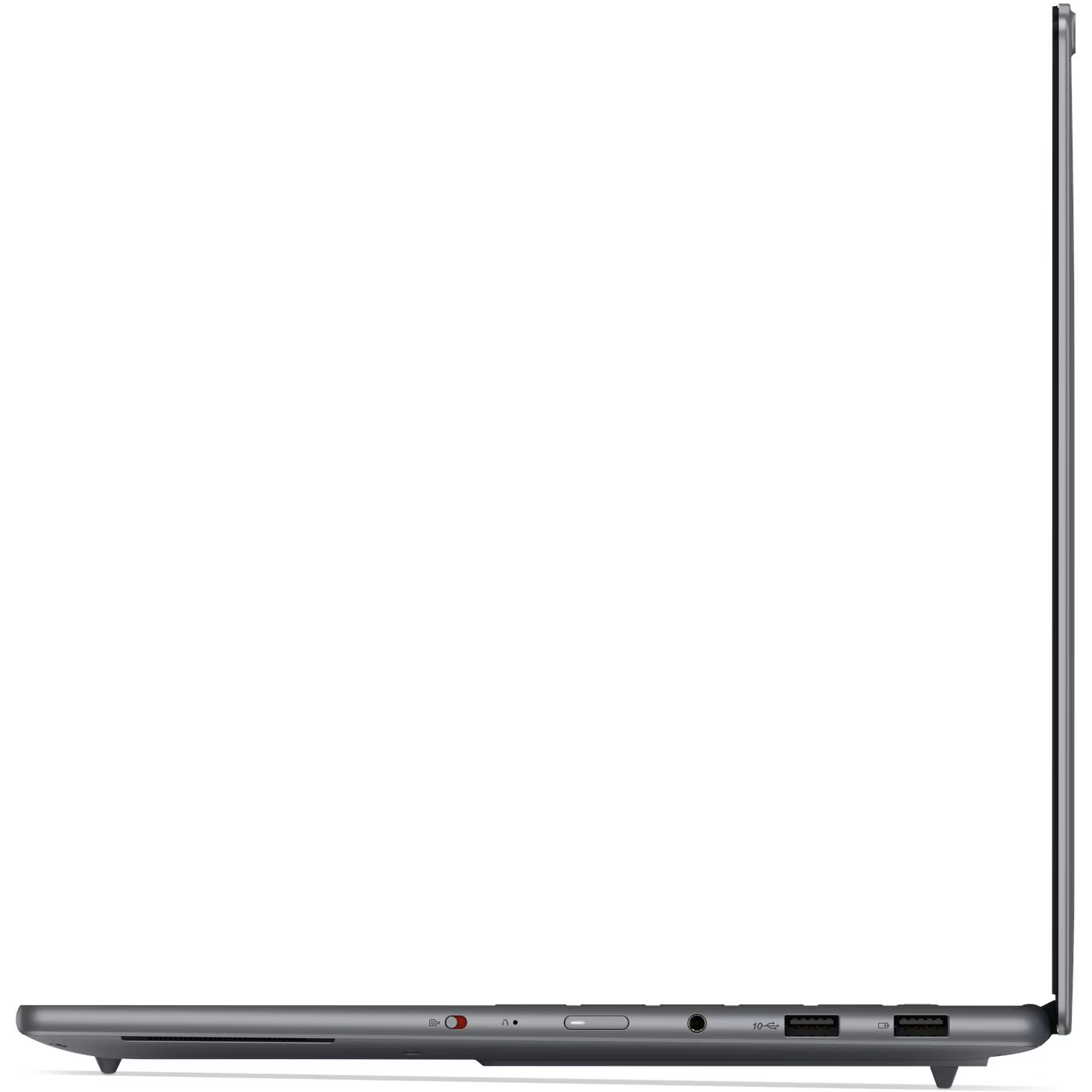 Right-side profile view of the laptop, showing the electronic camera privacy shutter switch, audio combo jack, power button indicator, and two standard USB Type-A ports.