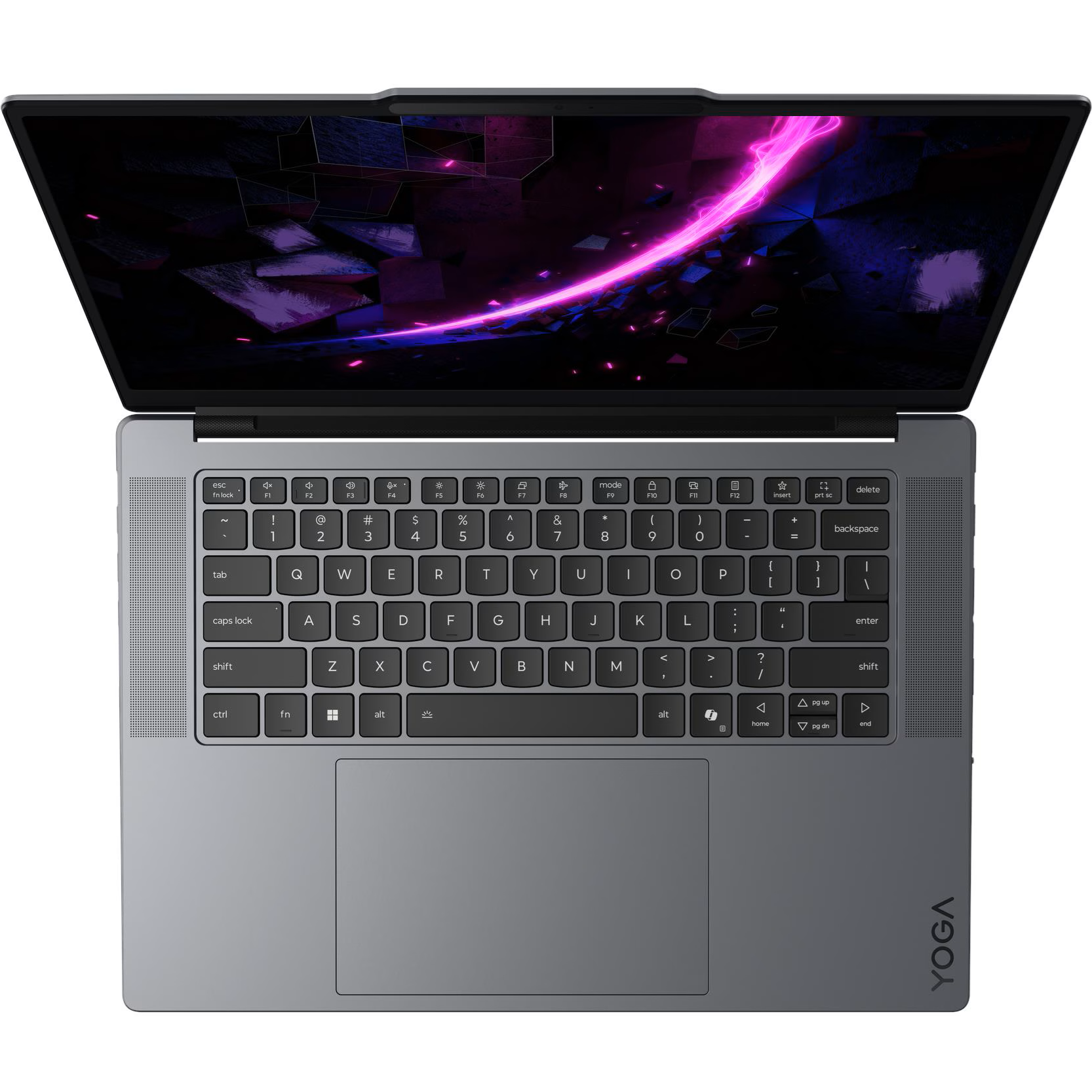 Direct top-down view of the open laptop, highlighting the keyboard layout with its top function row, side speaker grilles, and the centered trackpad.