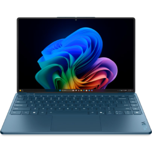 Front-facing view of the open laptop showcasing the high-resolution Windows desktop background, narrow screen bezels, and the keyboard structure.