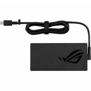 Top-down studio shot of the 280W ASUS ROG power brick showing the embossed ROG logo, a securely coiled DC output cable with a hook-and-loop fastener, and the specialized rectangular USB-style square connector tip.