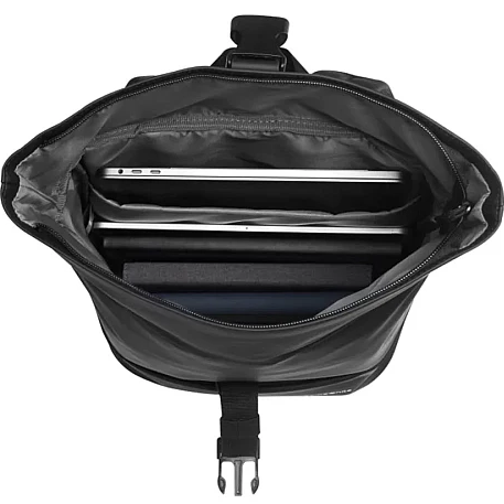 Top-down view into the main compartment showcasing internal organization dividers containing laptops, tablets, and notebooks.