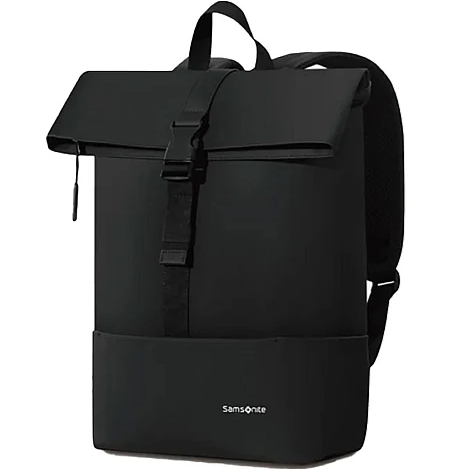 Three-quarter perspective showing the matte black finish, fold-over top flap secured with an adjustable center buckle, and white Samsonite branding at the lower front.