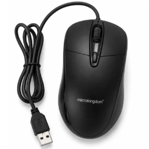 Direct overhead view of the black Microkingdom M305 wired optical mouse, displaying its symmetrical body layout alongside a neatly coiled black USB connection cable.