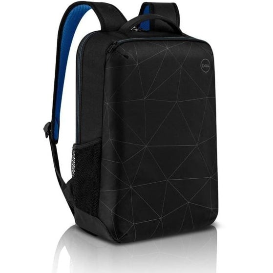 Angled perspective showing front zipper access, padded blue shoulder strap undersides, and side mesh pocket structure.