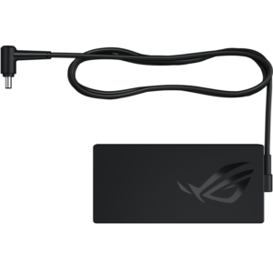 Top-down layout view showing the complete length of the integrated output cable, right-angle barrel connector, and top casing featuring the Republic of Gamers emblem.