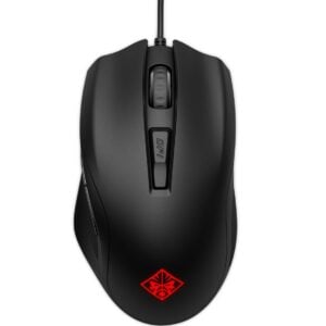 Direct overhead view showing the ridged scroll wheel, dedicated central DPI adjustment button, matte main clickers, and illuminated OMEN logo.