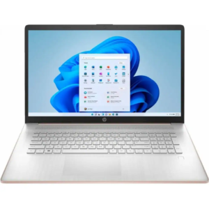 Direct top-down view of the laptop keyboard deck and 17.3-inch display, highlighting the full keyboard layout with a numeric keypad, integrated fingerprint reader, and the light-colored palm rest.