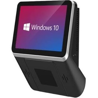Three-quarter view of a black wall-mounted retail price checker terminal with an 8.8-inch display showing a Windows 10 screen, integrated barcode scanner on the angled bottom panel, and silver trim.