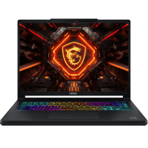 Front-facing open view of the MSI Crosshair 16 Max gaming laptop, showing thin display bezels, top webcam shutter, per-key RGB illuminated full-size keyboard, and custom MSI gaming wallpaper.