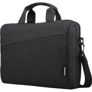 Front-facing studio angle of the water-resistant Lenovo 15 Pro laptop bag, showcasing its dark grey textured fabric, dual carrying handles, front zipper pocket, and detachable shoulder strap.