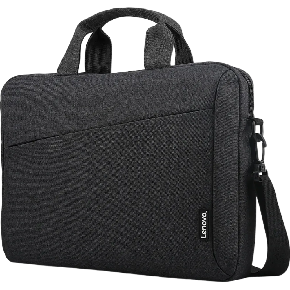 Front-facing studio angle of the water-resistant Lenovo 15 Pro laptop bag, showcasing its dark grey textured fabric, dual carrying handles, front zipper pocket, and detachable shoulder strap.