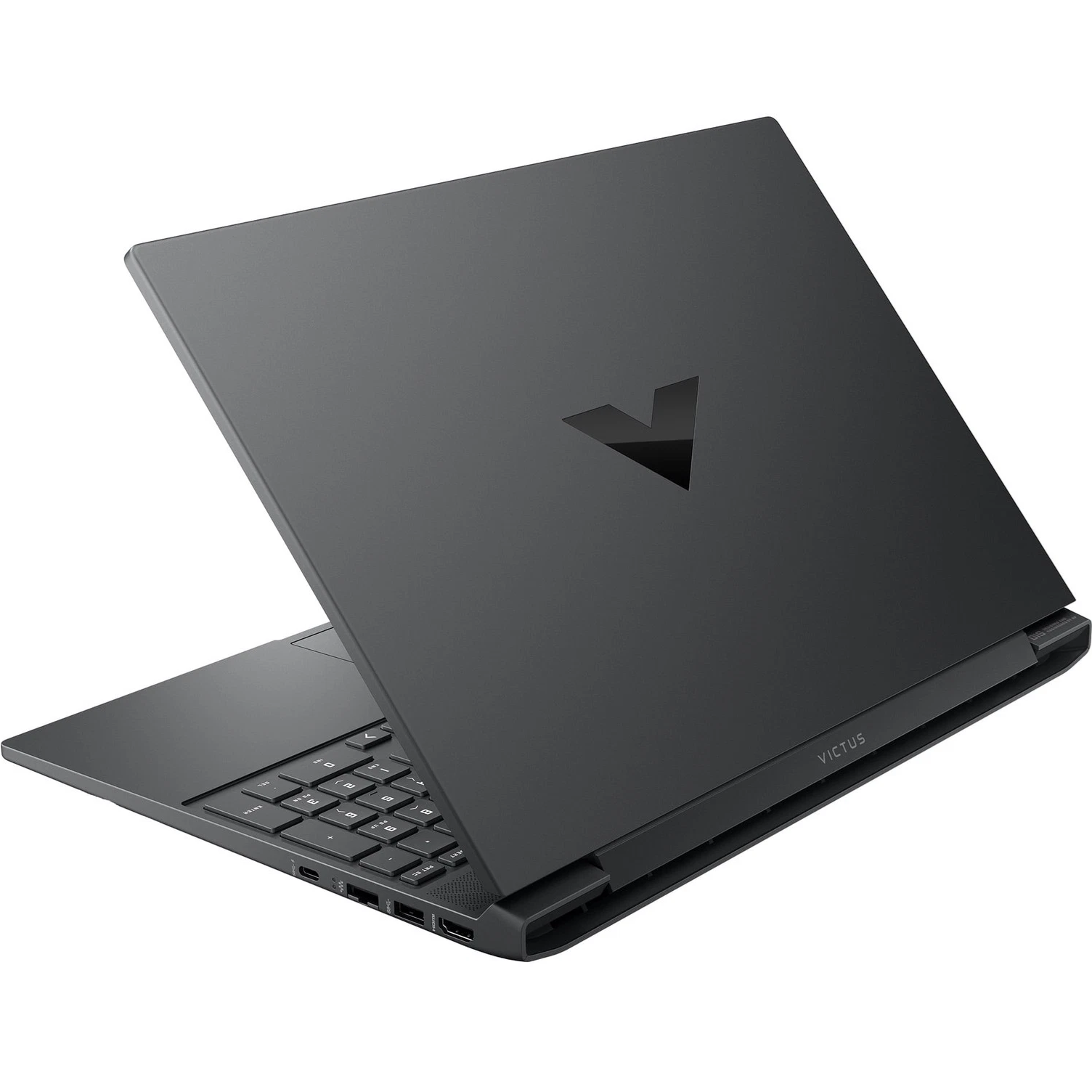 Rear-side perspective view of the HP Victus 15 gaming laptop open, highlighting the hinge design, back panel branding, and left-side connectivity ports including HDMI, USB-A, USB-C, and Ethernet.