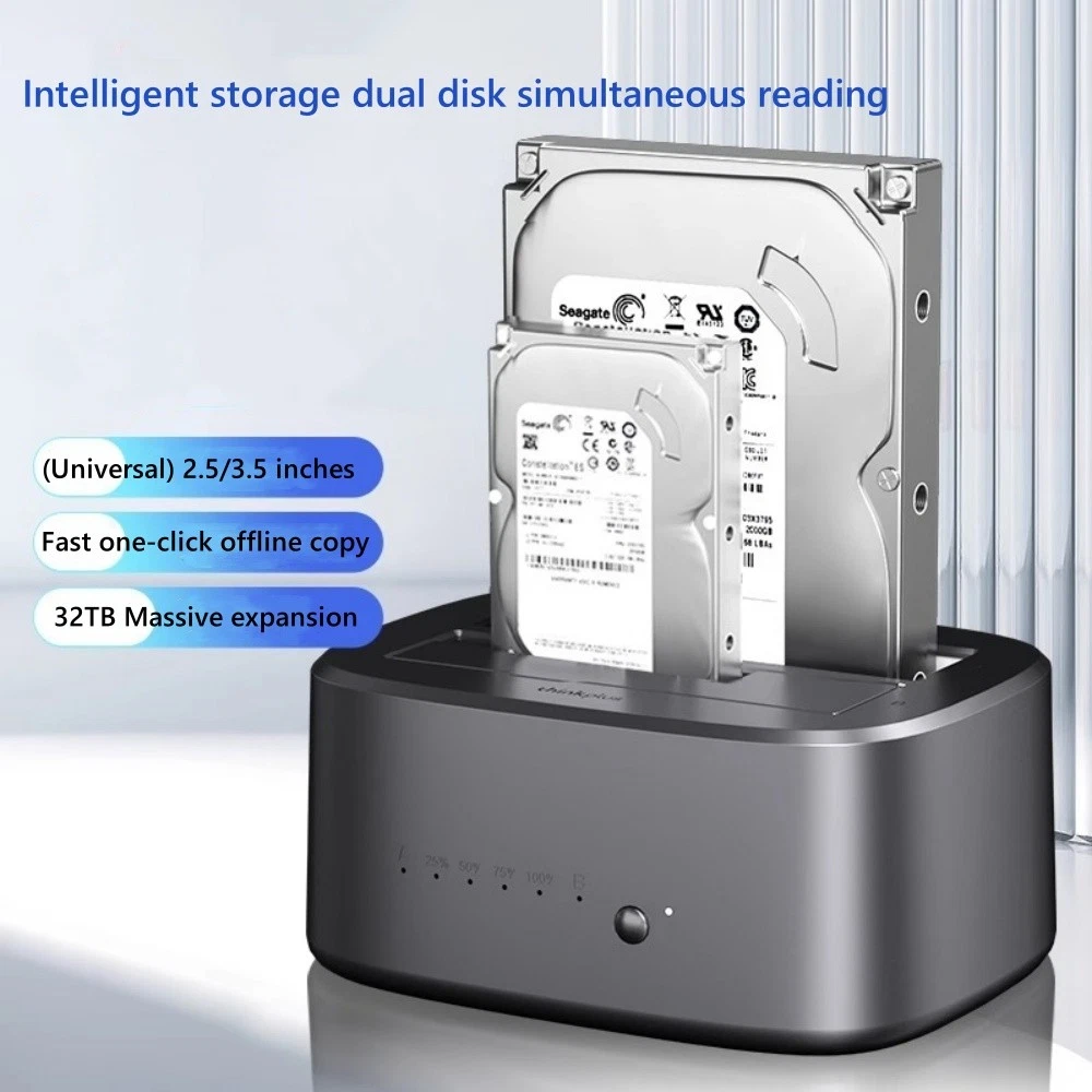 Product overview graphic calling out support for 2.5-inch and 3.5-inch SATA drives, one-click offline cloning, and up to 32TB total expansion capacity.