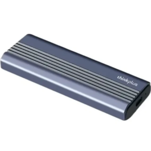 Angled product view displaying the compact aluminum NVMe enclosure featuring longitudinal heat dissipation grooves, a USB-C connection port at the end cap, and white ThinkPlus branding along the corner.