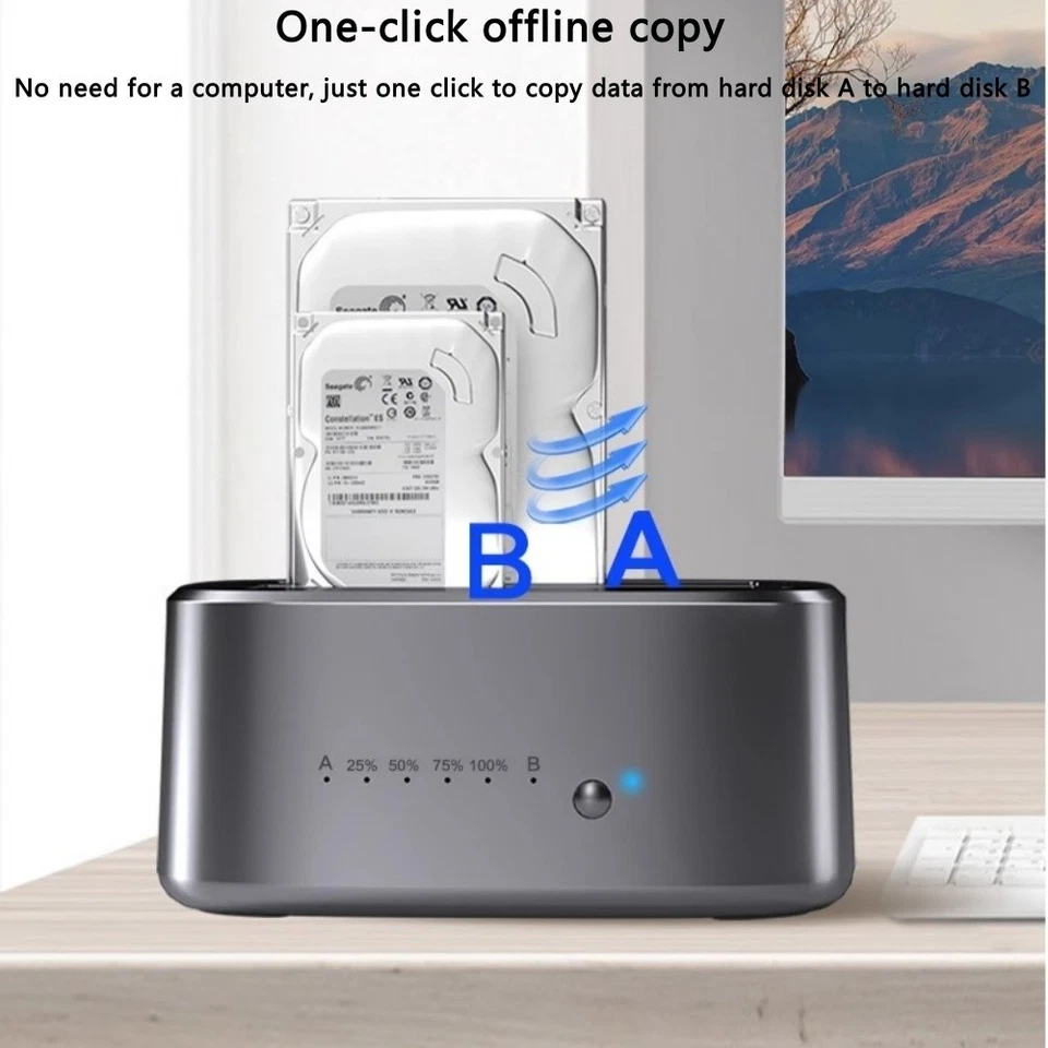 Feature graphic demonstrating offline cloning capabilities, allowing direct data transfer from Drive A to Drive B without requiring a host computer connection.