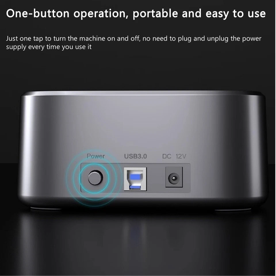 Rear view panel highlighting the physical power button, a USB 3.0 Type-B host port, and a DC 12V power input jack.