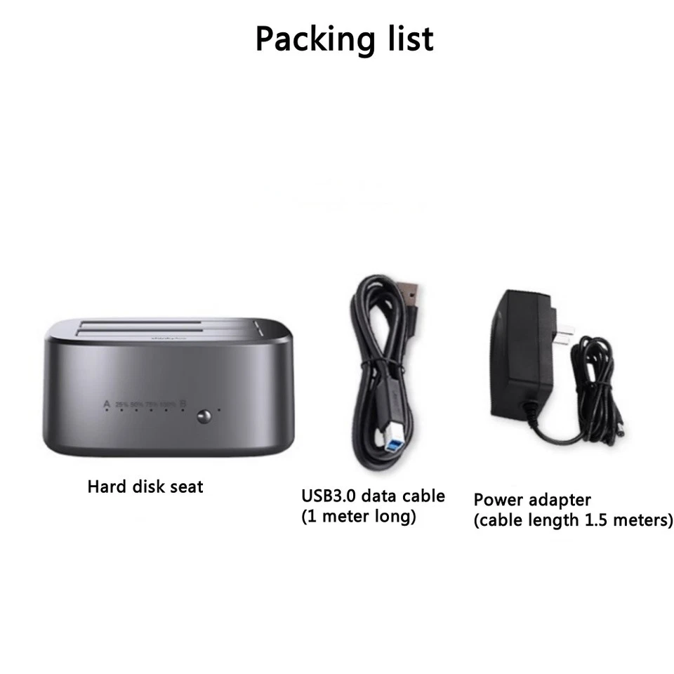 Packing list graphic displaying the main hard disk dock alongside an included 1-meter USB 3.0 data cable and a 1.5-meter power adapter.
