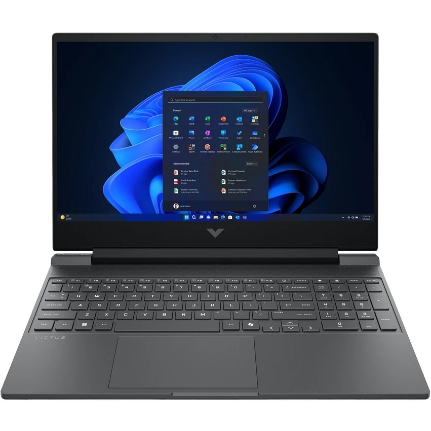 Front-facing view of the open HP Victus 15 gaming laptop showing thin side display bezels, full keyboard with dedicated numeric keypad, precision touchpad, and Windows 11 desktop UI.