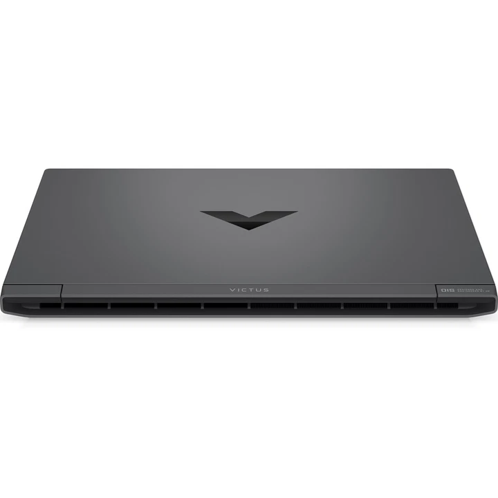 Rear view of the closed HP Victus 15 laptop showcasing the mirror-finish Victus "V" logo on the mica silver lid and wide rear thermal exhaust vents.