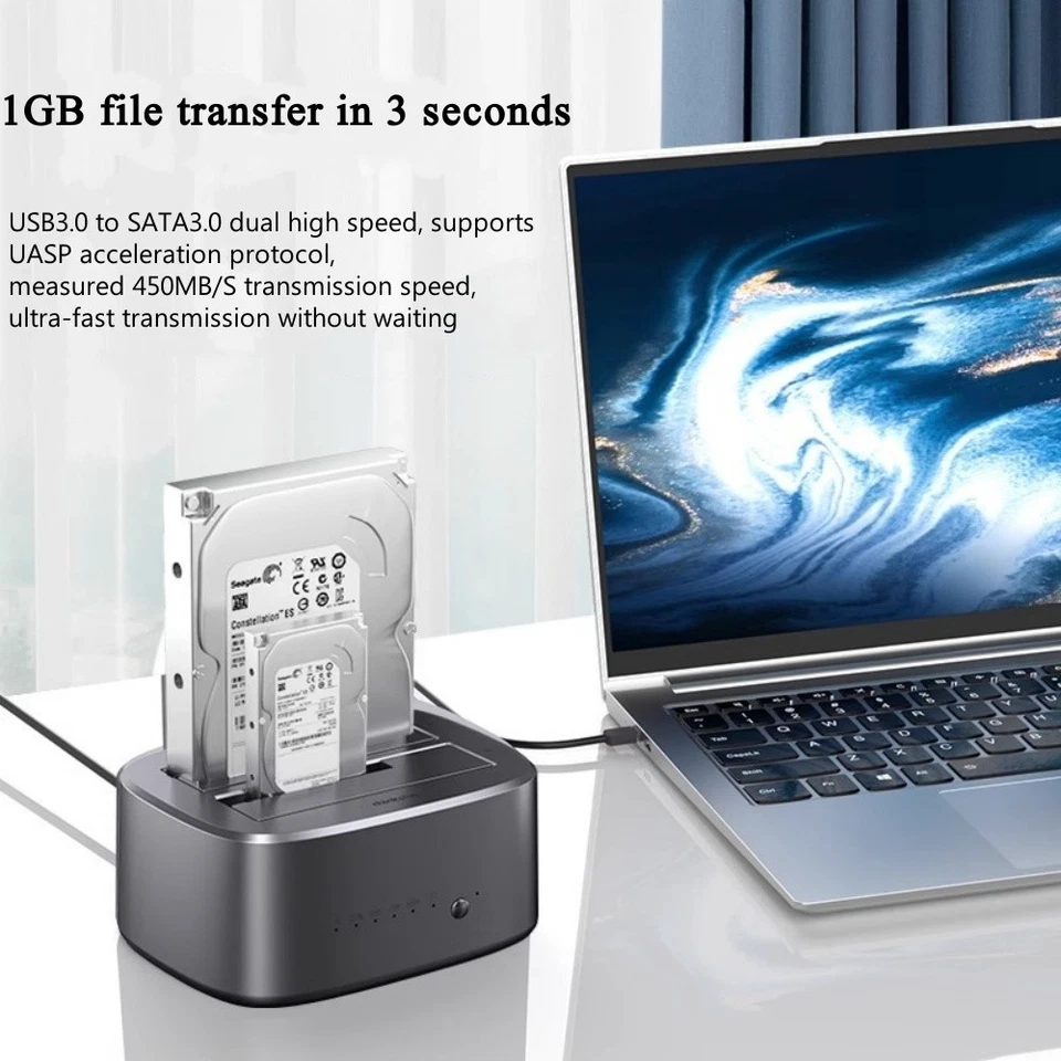 Desktop usage showcase illustrating the dock connected to a laptop via USB 3.0, rated for transfer speeds up to 450 MB/s with UASP support.